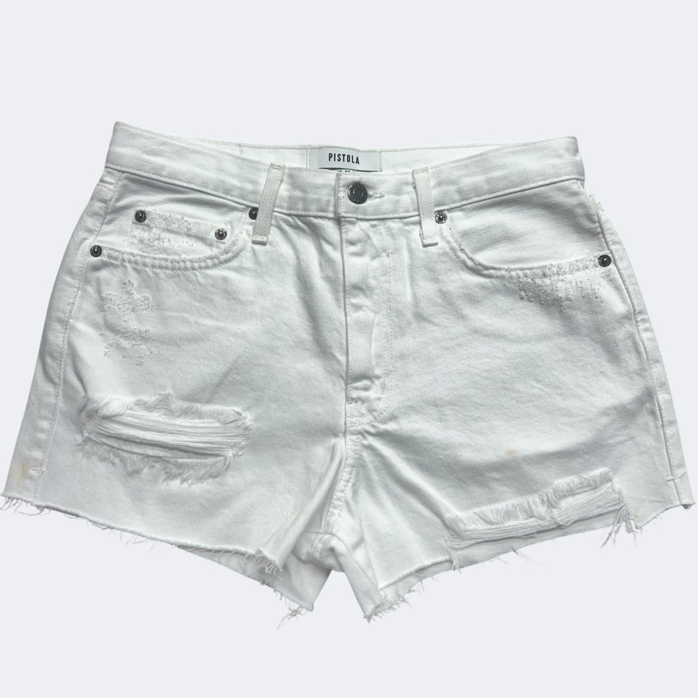 Pistola Shorts Womens‎ 28 White Distressed Denim High Rise Raw Hem USA Cotton